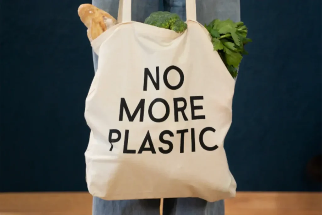 An image of a plastic bag with an eco-friendly cloth bag and a ban sign, referencing of Germany plastic bag ban plan.