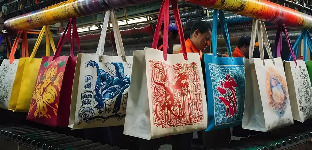 Farklı baskı teknikleri uygulanmış nonwoven çanta örnekleri; serigrafi, transfer ve dijital baskı ile tasarlanmış çantalar